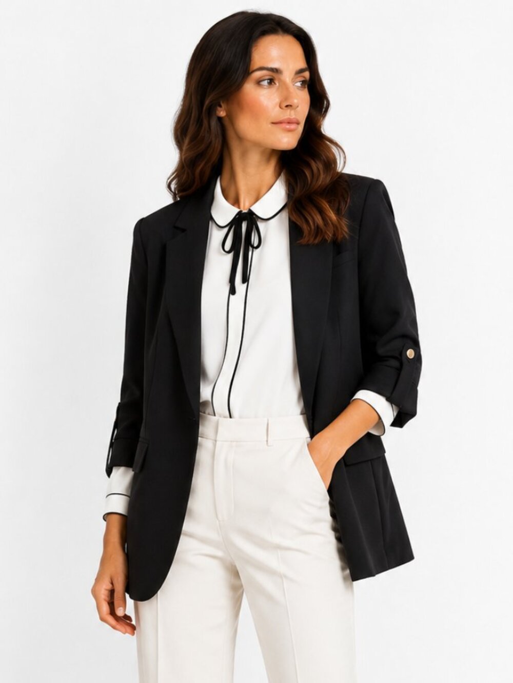 ZARA BLACK 3/4 ROLLED TAB RUCHED SLEEVES OPEN BLAZER - XS